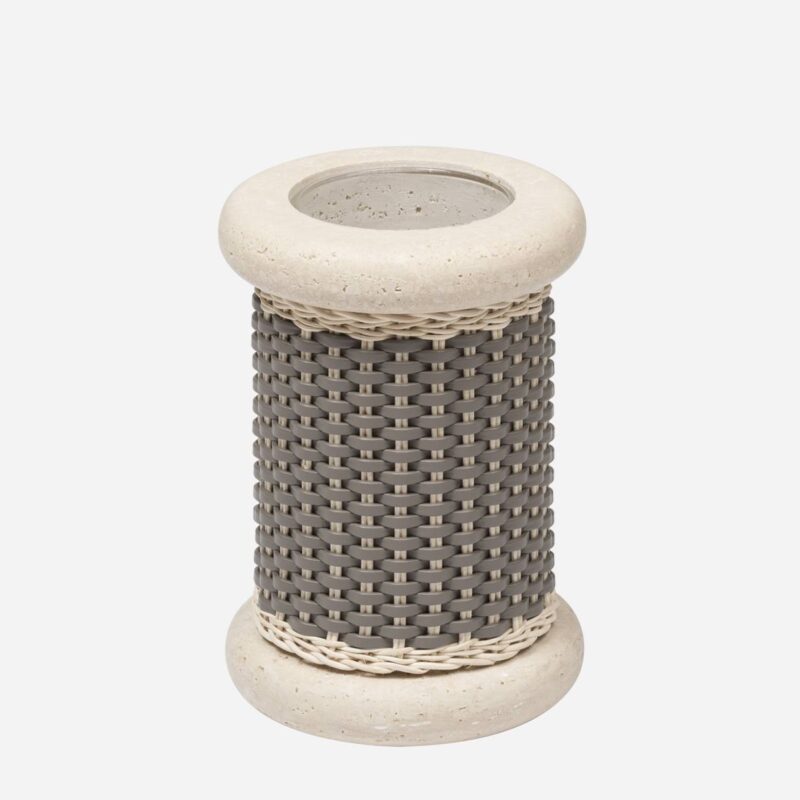 COURBET LEATHER & NATURAL RATTAN TRAVERTINE VASE