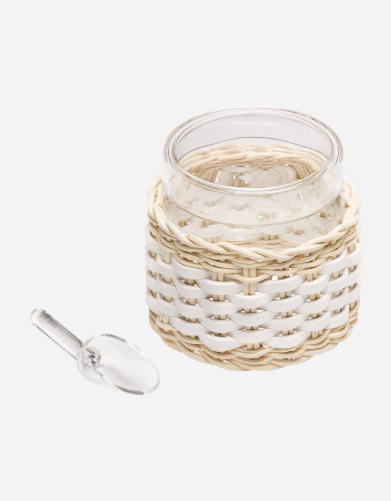 DEAUVILLE LEATHER & RATTAN GLASS SUGAR BOWL WITH SPOON