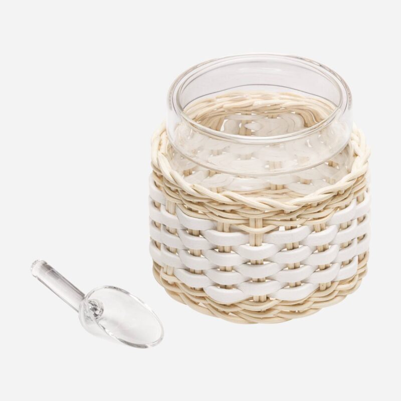 DEAUVILLE LEATHER & RATTAN GLASS SUGAR BOWL WITH SPOON
